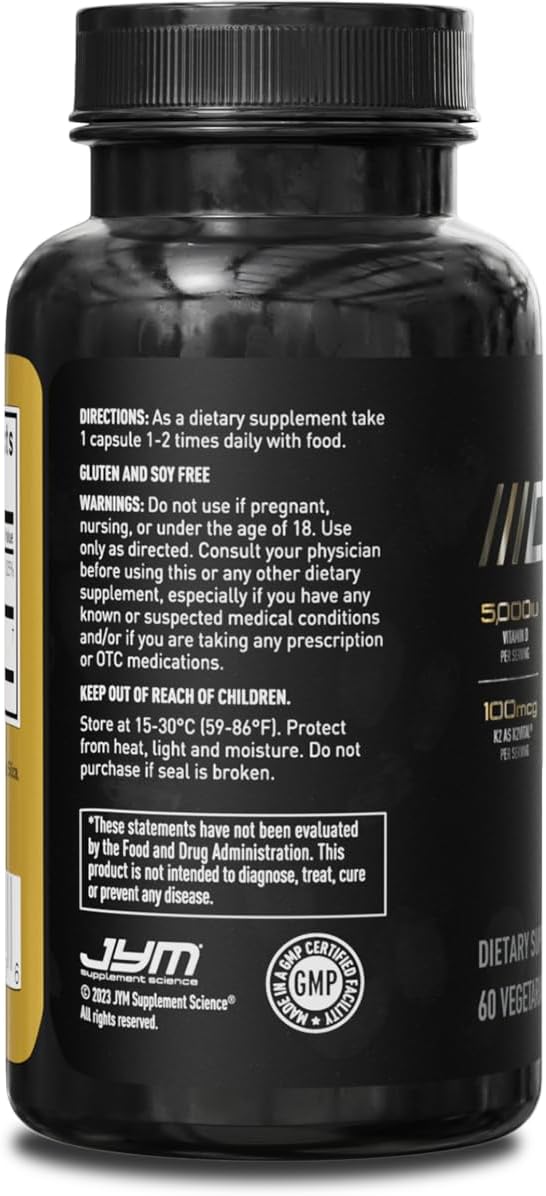 JYM D3 + K2 Supplement with 5000 IU D3 and 100 mcg of Vitamin K2 as MK7 - Bone and Immune System Health for Men & Women, Enhanced Calcium Absorption - 60 Vegetarian Capsules - görsel 5