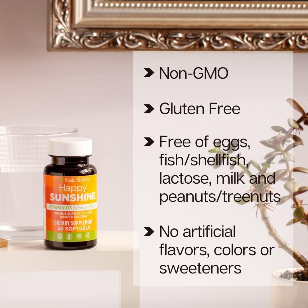 Basic Brands Happy Sunshine Vitamin D3 2000 IU Daily Supplement, 30 Soft gel capsules - görsel 5