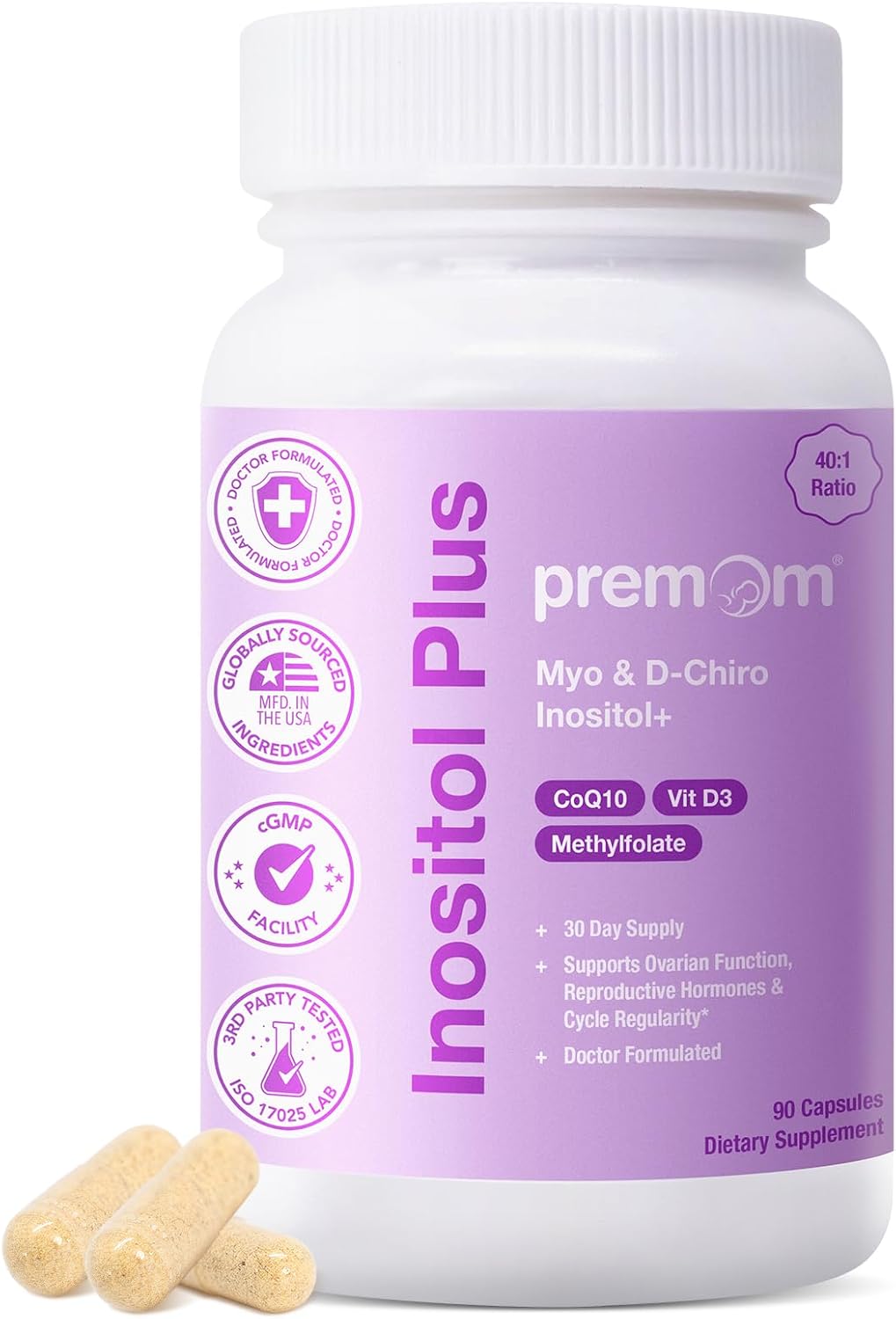 Premom Inositol Plus – 2,000mg Myo-Inositol & 50mg D-Chiro Inositol, 40:1 Ratio, with CoQ10, Methylfolate & Vitamin D3, for Hormonal Balance & Ovarian Support, 90 Veggie Capsules - görsel 1