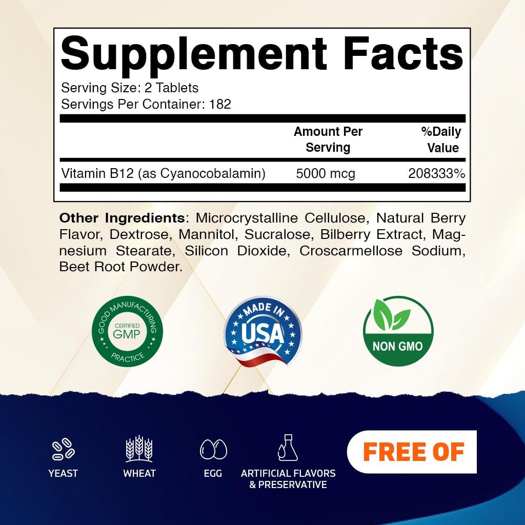 Vitamatic Vitamin B12 5000 mcg – 365 Fast Dissolve Tablets Berry Flavour – Supports Energy & Nervous System Health – Non-GMO, Gluten-Free - görsel 2