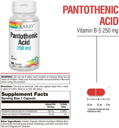 SOLARAY Pantothenic Acid 250mg – Vitamin B5 for Energy Metabolism and Skin Health (100 Capsules)