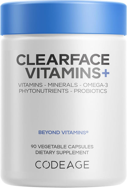 Codeage Clearface Vitamins+ - Skin Vitamins and Minerals with B-Complex, Probiotics, L-Lysine, Omega-3 - 90 Capsules