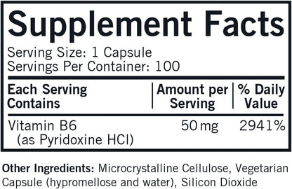 Kirkman Vitamin B-6 50 mg – Hypoallergenic Vitamin B6 Supplement, 100 Vegetarian Capsules