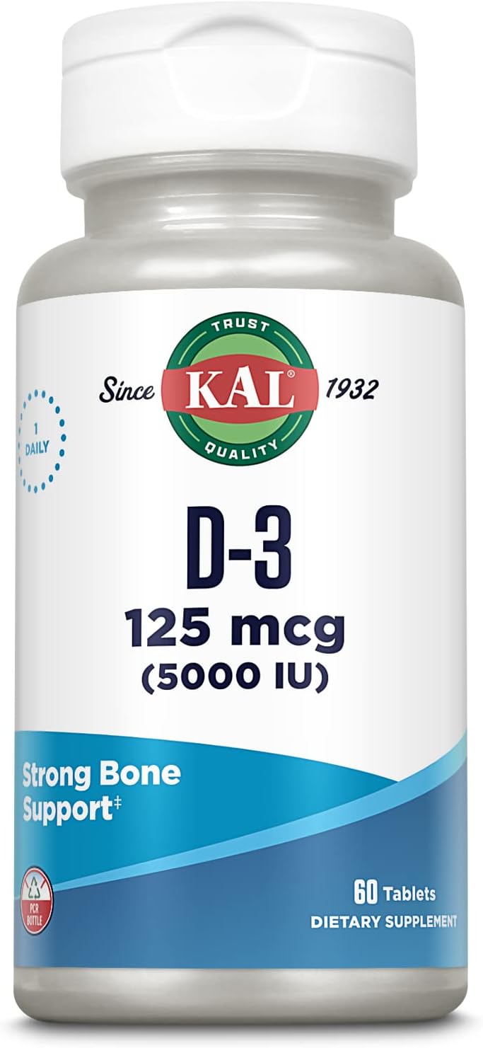 KAL Vitamin D3 5000 IU 125 mcg, High Potency Vitamin D Tablets, Calcium Absorption, Bone Health and Immune Support Supplement, Rapid Disintegration D-3 ActivTabs, 60-Day Guarantee, 60 Serv, 60 Tablets - görsel 1