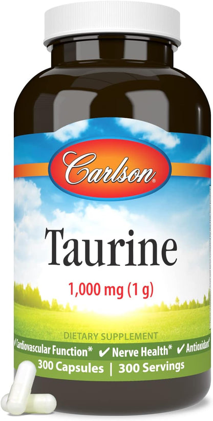 Carlson Taurine, Free-Form Amino Acid, Support for Nerve and Muscle Function, 300 Capsules