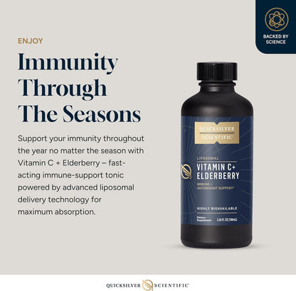 Quicksilver Scientific Liposomal Vitamin C + Elderberry - 1000mg with Superior Absorption Technology & Tocotrienols - Antioxidant and Immune Support Tonic (100ml)