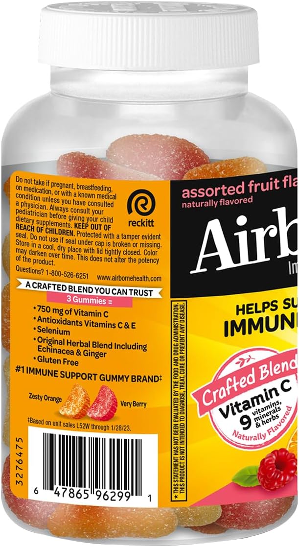 Airborne 750mg Vitamin C Immune Support Gummies, Assorted Fruit Flavour, 63 Gummies (Pack of 3) - görsel 4