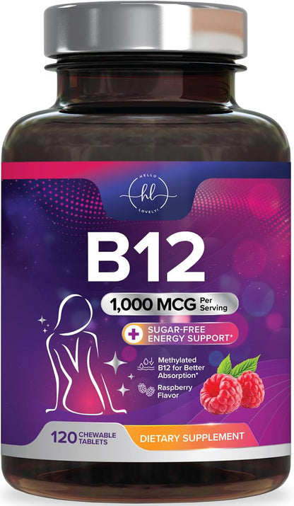 Vitamin B12 1000 mcg Chewable Tablets - Methylcobalamin B12 Complex for Energy, Heart & Nerve Support - Fast Dissolve, 120 Tablets