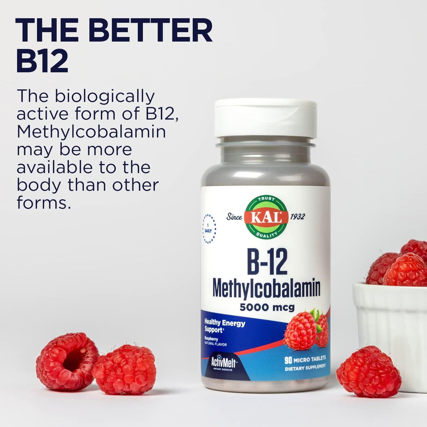KAL Vitamin B12 Methylcobalamin 5000mcg ActivMelts - Fast Dissolve, Natural Raspberry Flavour, 90 Micro Tabs - görsel 6