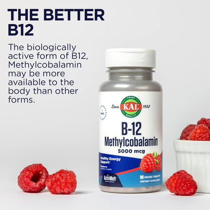KAL Vitamin B12 Methylcobalamin 5000mcg ActivMelts - Fast Dissolve, Natural Raspberry Flavour, 90 Micro Tabs