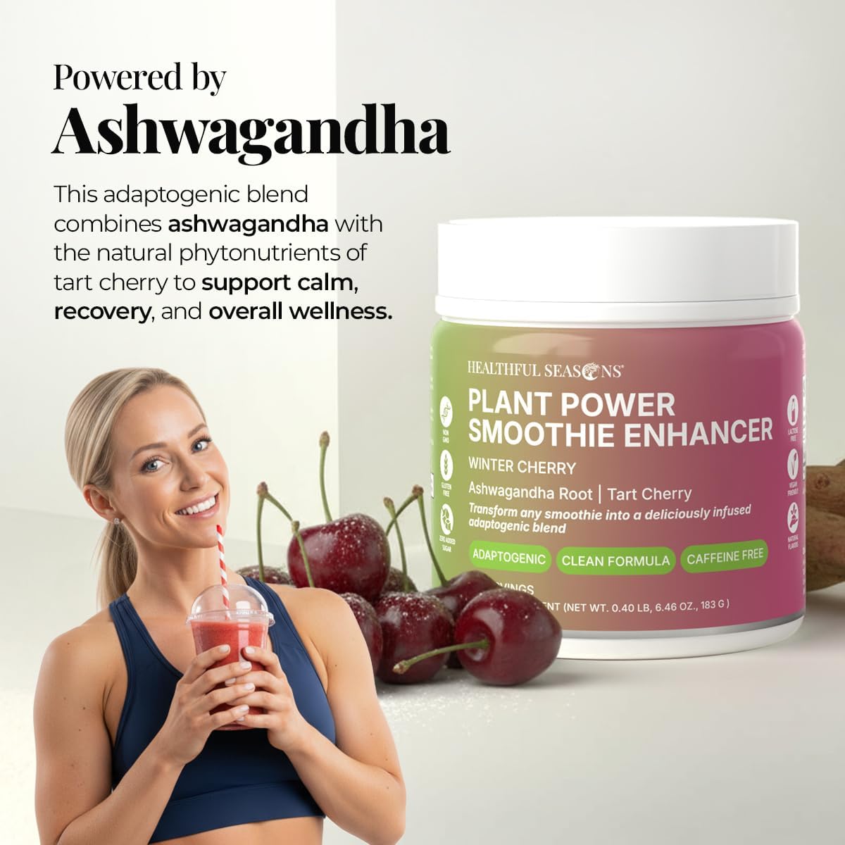 Smoothie Mix with Tart Cherry, Ashwagandha & Stevia - Drink Mix for Healthy Smoothies, Smoothie Bowls & Shakes - 30 Servings - görsel 4