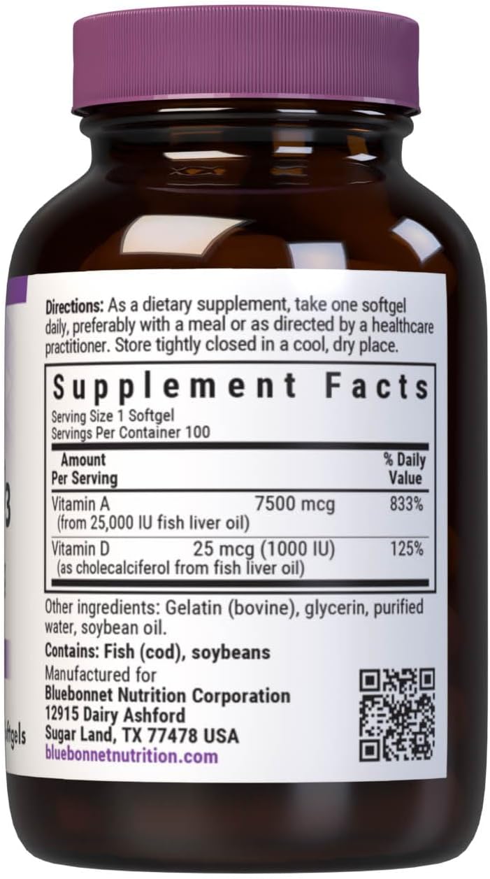 Bluebonnet Nutrition Vitamin A & D3 25,000 IU/1,000 IU – 100 Softgels - görsel 2