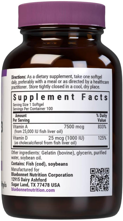 Bluebonnet Nutrition Vitamin A & D3 25,000 IU/1,000 IU – 100 Softgels