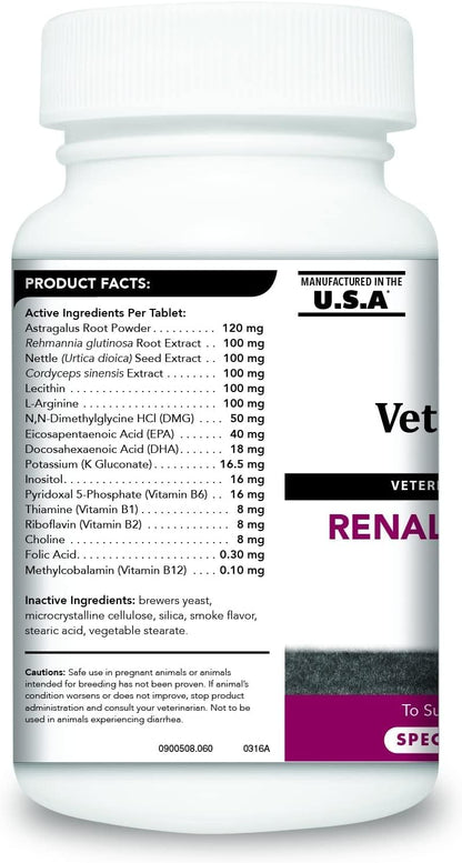 VetriScience Kidney Health Chewable Tablets for Dogs - Renal Support with Astragalus, Rehmannia, Nettle Seed & Cordyceps, 60 Tablets