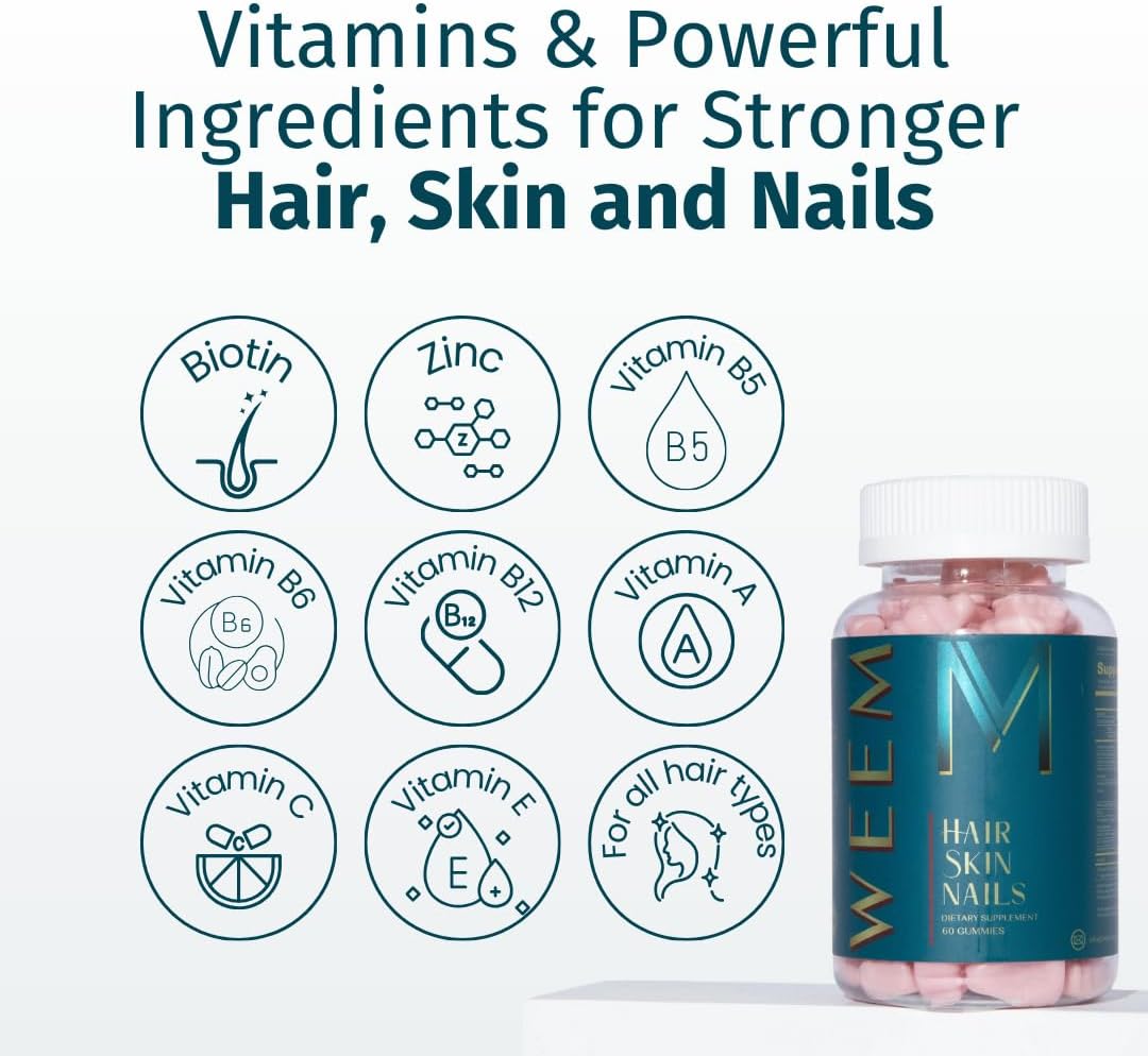 WEEM Hair, Skin and Nails Gummies - Vegan Biotin Supplements for Women and Men - görsel 3