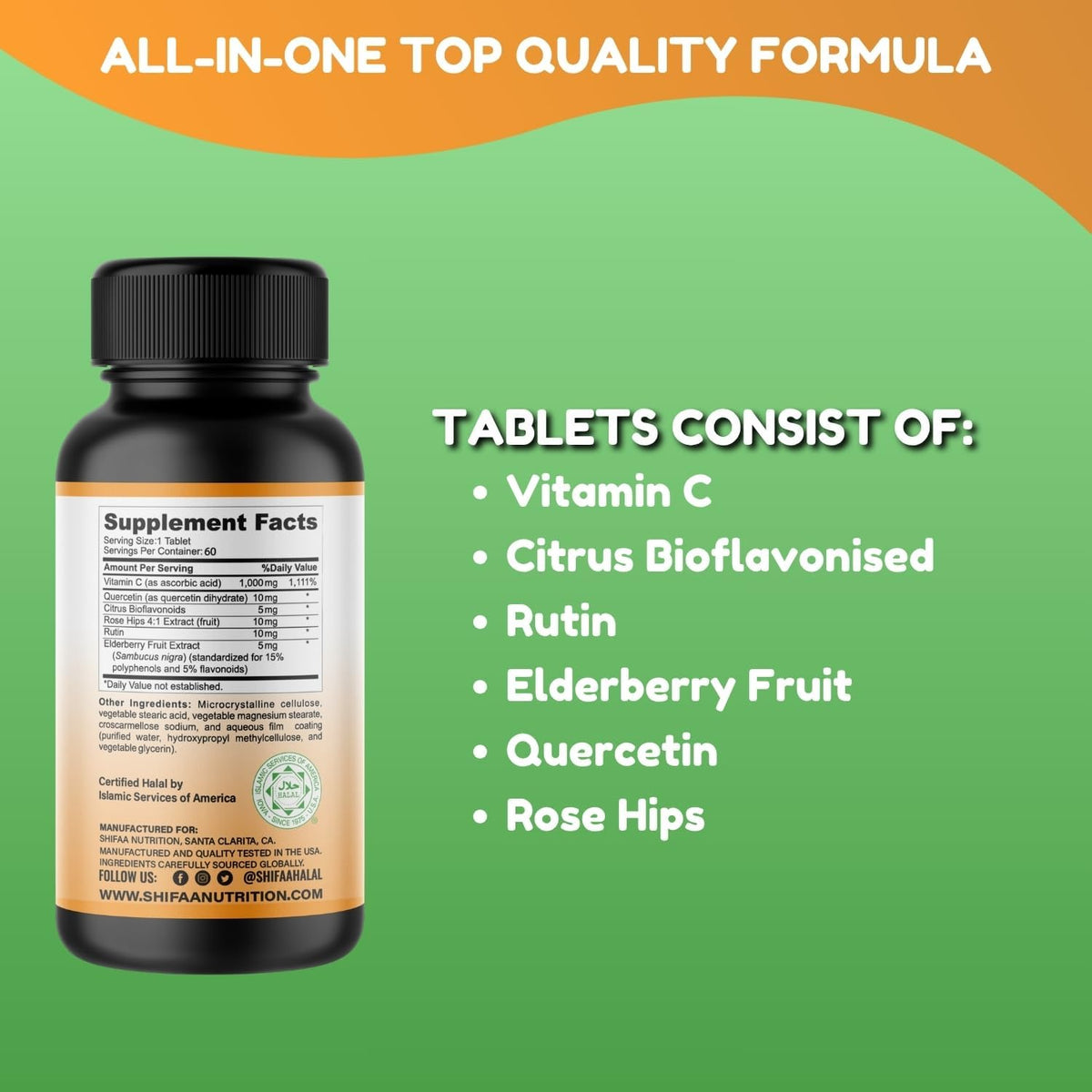 SHIFAA NUTRITION Halal Vitamin C-1000mg Tablets with Elderberry, Quercetin, Rose Hips & Rutin - Immune Support - 90 Tablets - görsel 7