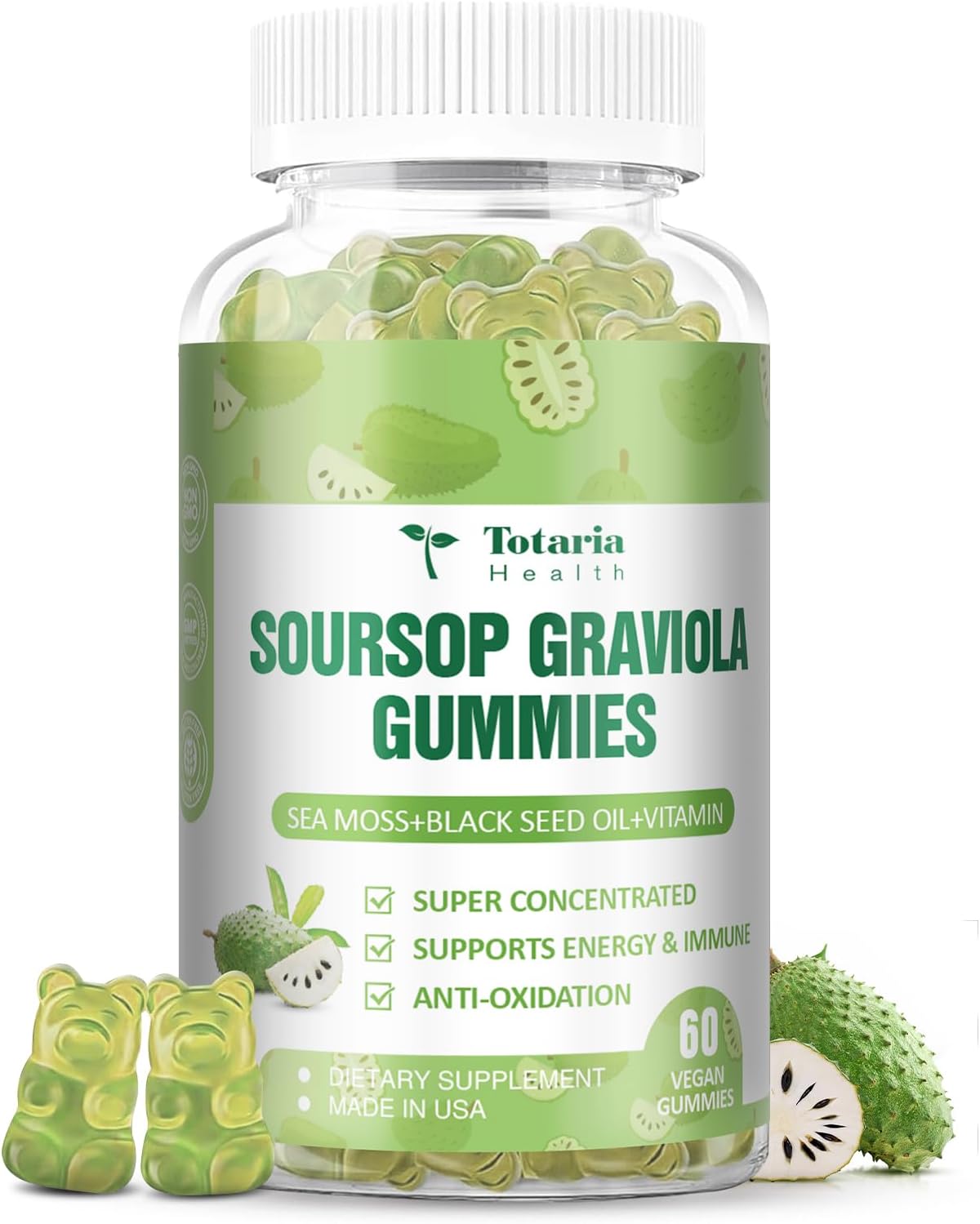 Totaria Sugar Free Soursop Oil Graviola Sea Moss Gummies - Supports Digestive, Sleep, Skin Health, Immunity & Antioxidant - Guanabana Fruit with Sea Moss, 150mg Black Seed Oil Organic Non-GM Vegan - görsel 1