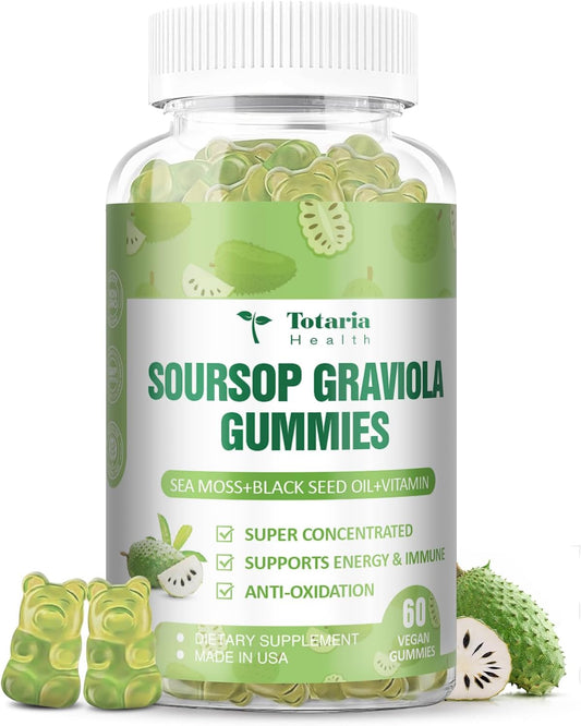 Totaria Sugar Free Soursop Oil Graviola Sea Moss Gummies - Supports Digestive, Sleep, Skin Health, Immunity & Antioxidant - Guanabana Fruit with Sea Moss, 150mg Black Seed Oil Organic Non-GM Vegan