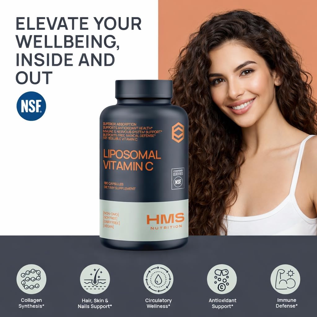 HMS Nutrition Liposomal Vitamin C 1600 mg – Enhanced Absorption, NSF-Certified, Non-GMO – 180 Capsules (90-Day Supply) - görsel 2