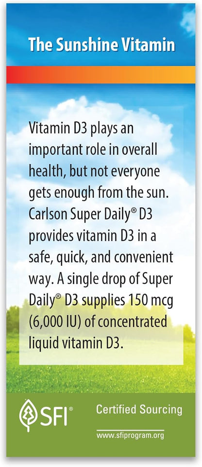 Carlson Super Daily D3, 6000 IU (150 µg) per Drop, Liquid Vitamin D3, 1-Year Supply, Non-GM, Unflavoured, 365 Vegetarian Drops
