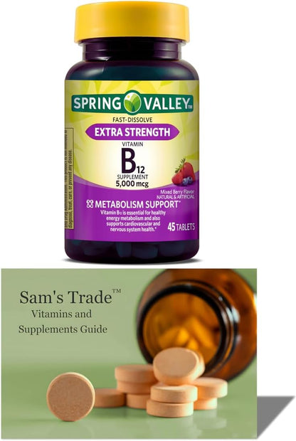 Spring Valley B12 Supplement 5000mcg - Fast Dissolve Sublingual Tablets - Methylcobalamin for Energy & Metabolism support - 45 Berry Flavour Chewable Vitamins
