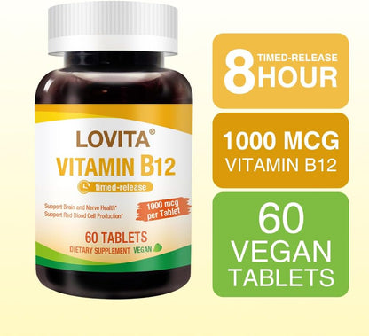 LOVITA Sustained-Release Vitamin B12 1000 mcg (Cyanocobalamin) – Timed Release, 60 Vegan Tablets for Brain & Nerve Health Support