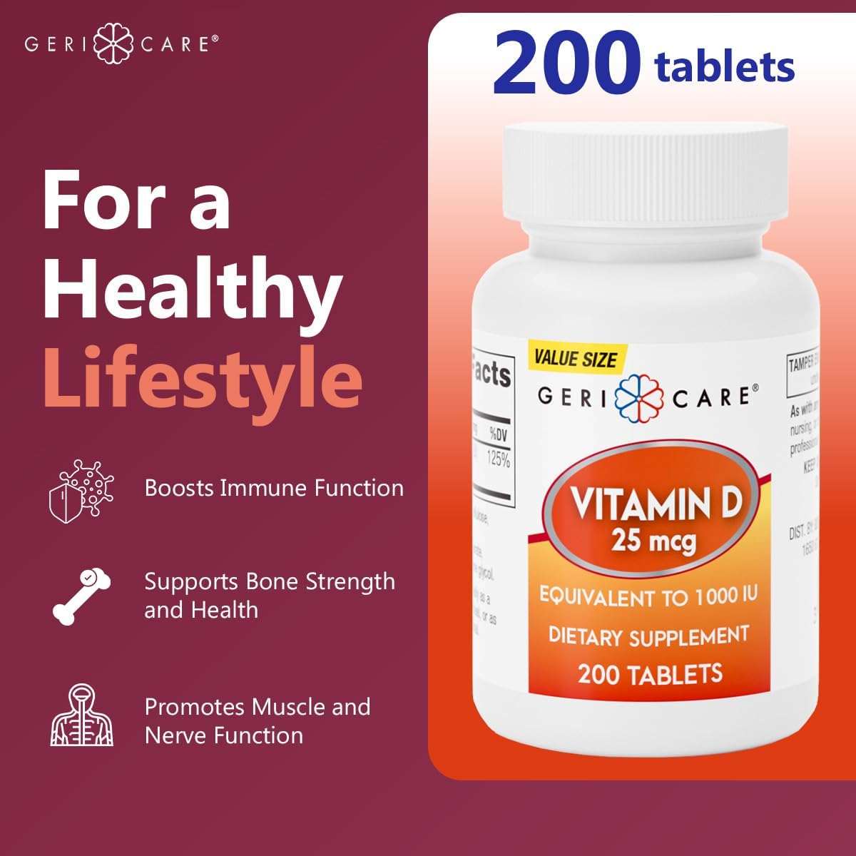 GeriCare Vitamin D-3 25 mcg (1,000 IU) – Supports Normal Bones, Immune System & Muscle Function – 200 Tablets - görsel 4