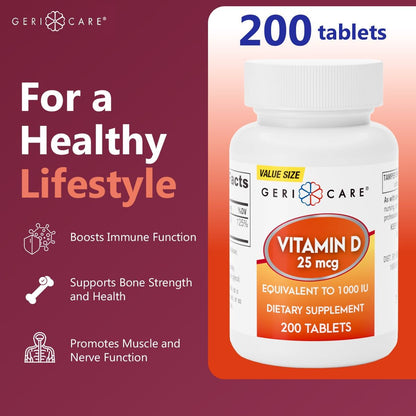 GeriCare Vitamin D-3 25 mcg (1,000 IU) – Supports Normal Bones, Immune System & Muscle Function – 200 Tablets