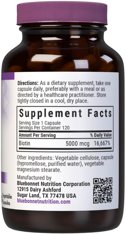 Bluebonnet Nutrition Biotin 5000 mcg, Hair & Nail Maintenance, 120 Vegetable Capsules
