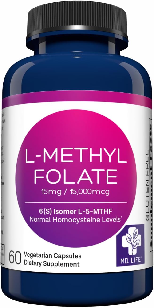 MD Life L-Methylfolate 15 mg Supplement - Professional-Grade Active L-Methylfolate Supplement - 60 Capsules - L-Methylfolate 15mg - Maximum Potency MTHFR with Essential Amino Acids - görsel 1