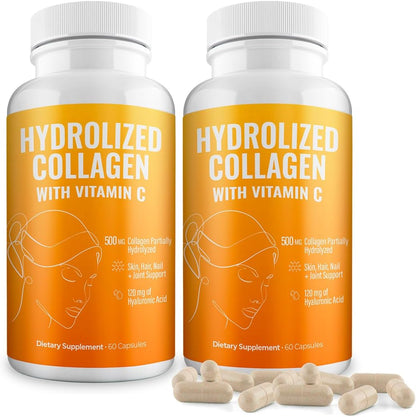 Aura Vitamin Hydrolysed Collagen with Vitamin C and Hyaluronic Acid Capsules, 500 mg, 120 Capsules (2 Bottles)