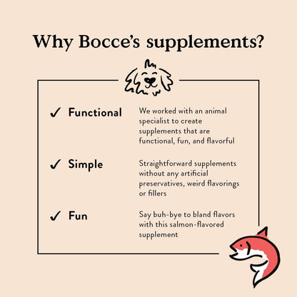 Bocce's Bakery Skin & Coat Supplement for Dogs, Daily Chews Made in the USA with Vitamin E & Essential Fatty Acids, Supports Healthy Skin & Coat, Salmon, 60 ct