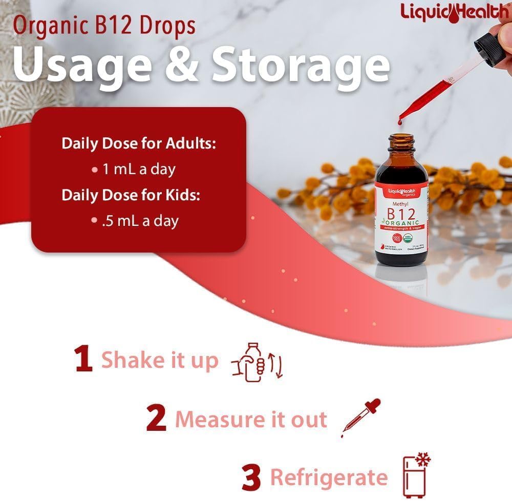 LIQUIDHEALTH USDA Organic Vitamin B12 Drops - Methylcobalamin 5000 mcg - Vegan, Non-GMO, USA-made (3 Pack) - görsel 4