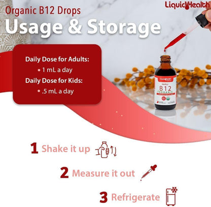 LIQUIDHEALTH USDA Organic Vitamin B12 Drops - Methylcobalamin 5000 mcg - Vegan, Non-GMO, USA-made (3 Pack)