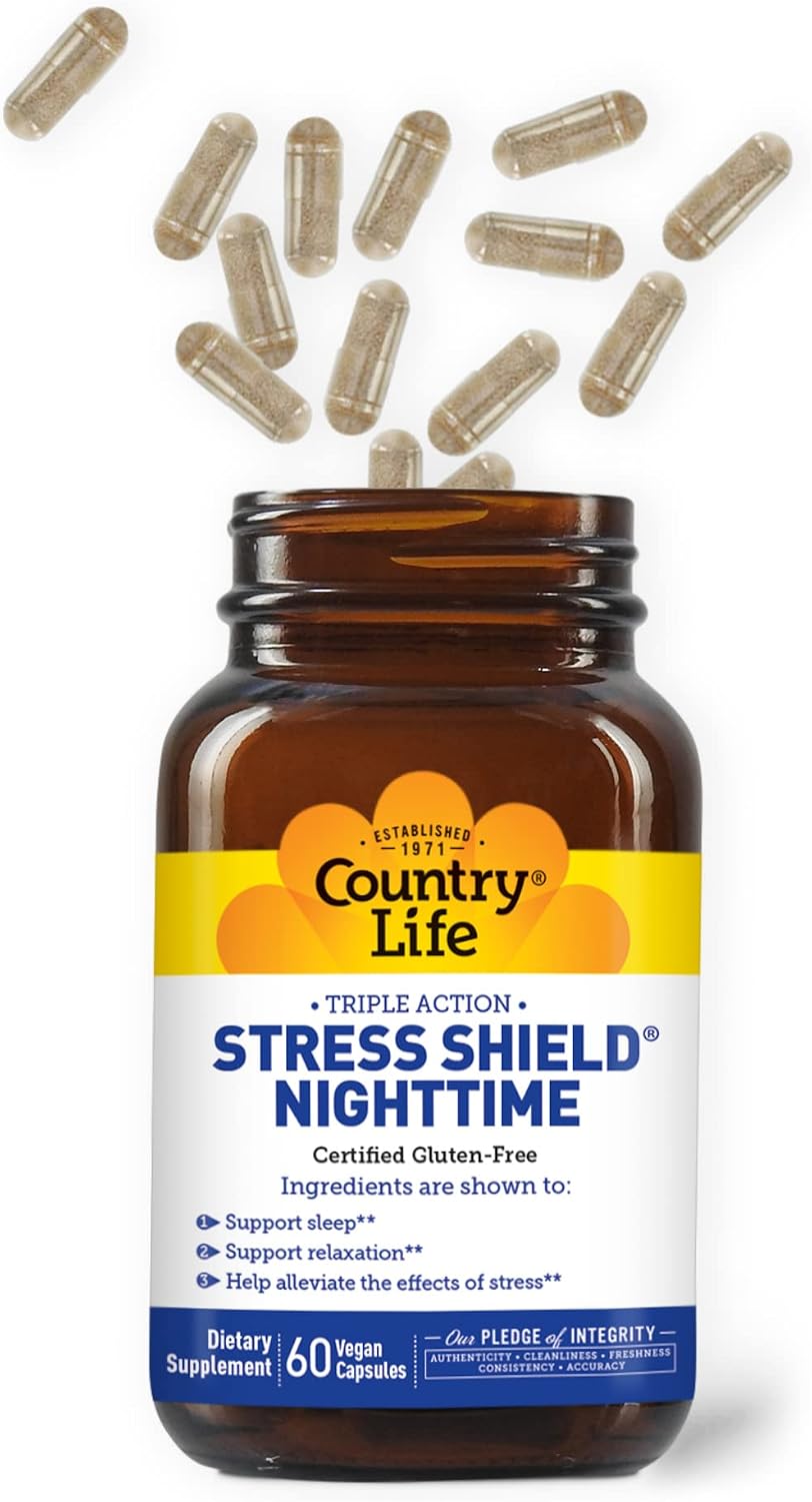 Country Life Stress Shield Night-time – Stress & Relaxation Support Supplement – Sensoril® Ashwagandha, GABA & L-Theanine – Magnesium & Vitamin B5 – Gluten Free, Vegan – 60 Vegetarian Capsules - görsel 3