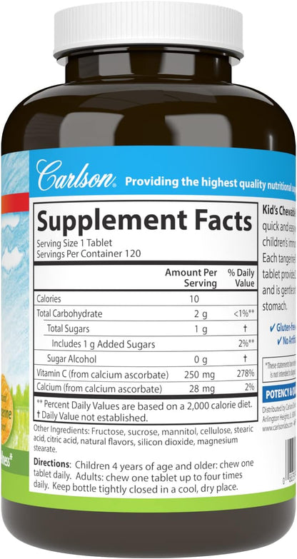 Carlson Kid's Chewable Vitamin C, 250 mg, Tangerine, 120 Vegetarian Tablets