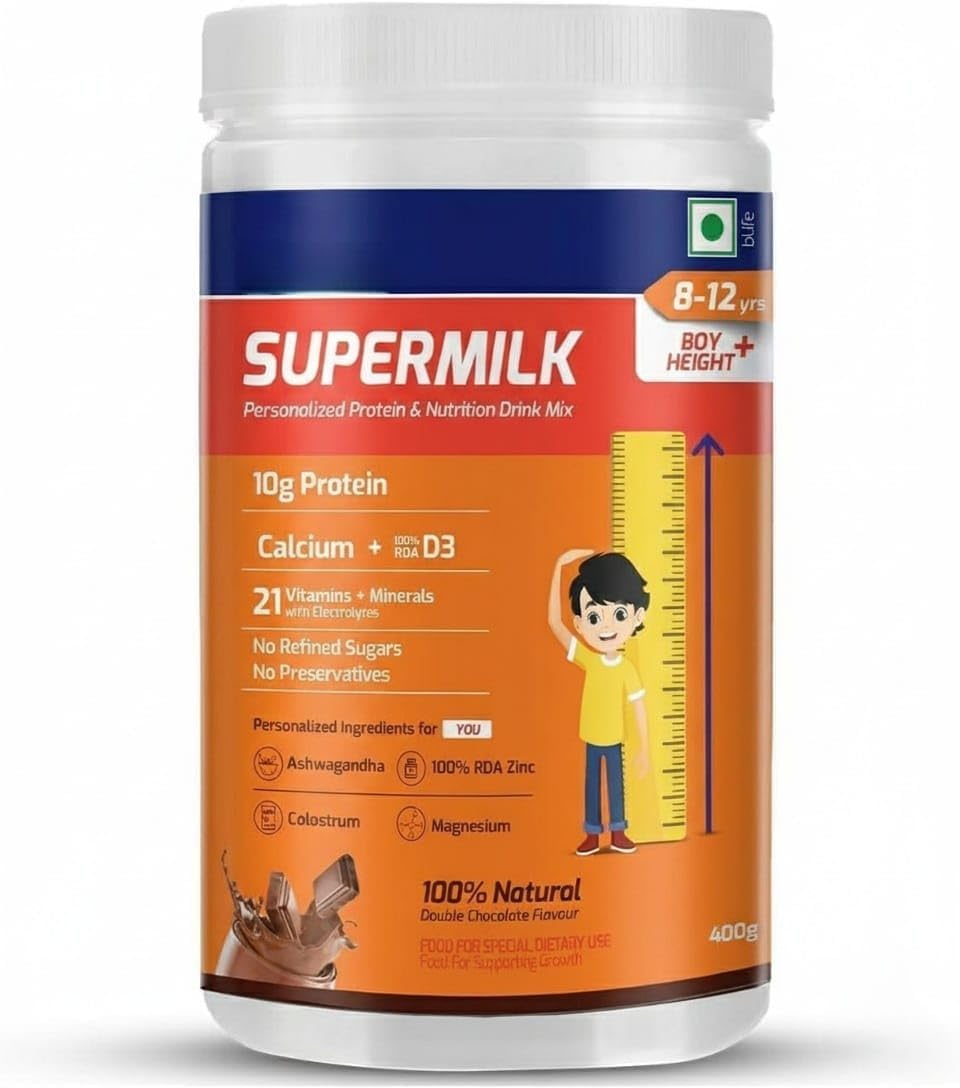 Supermilk Height+ for Boys 8-12 Years – Tailored Health Drink with Protein, Calcium, D3 & 21 Vitamins & Minerals – Double Chocolate – 400g Powder - görsel 1