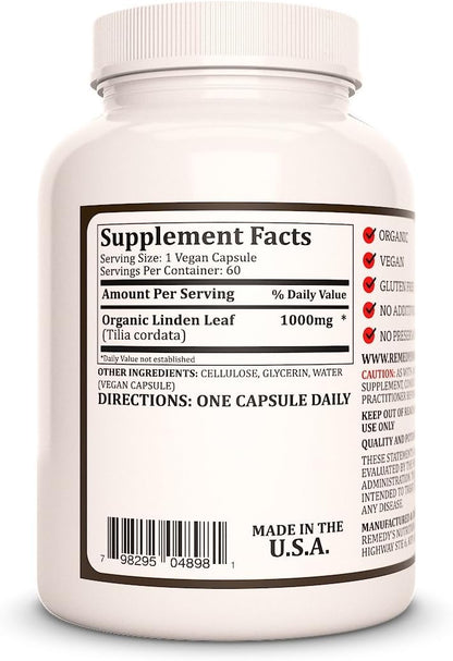 Linden Leaf & Flowers | 1,000 mg, 60 Vegan Capsules Herbal Food Supplement | Two Month Supply