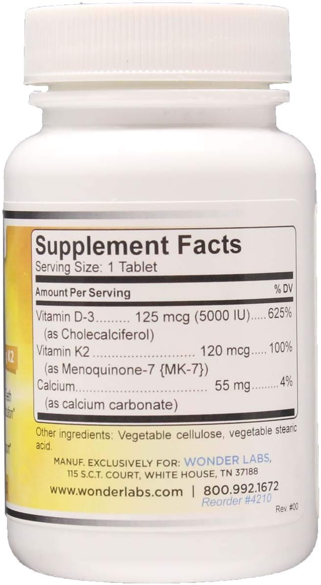 Wonder Laboratories Vitamin D3 + K2 Supplement - 5,000 IU D3, 120 mcg K2, 55 mg Calcium - 120 Tablets - görsel 2