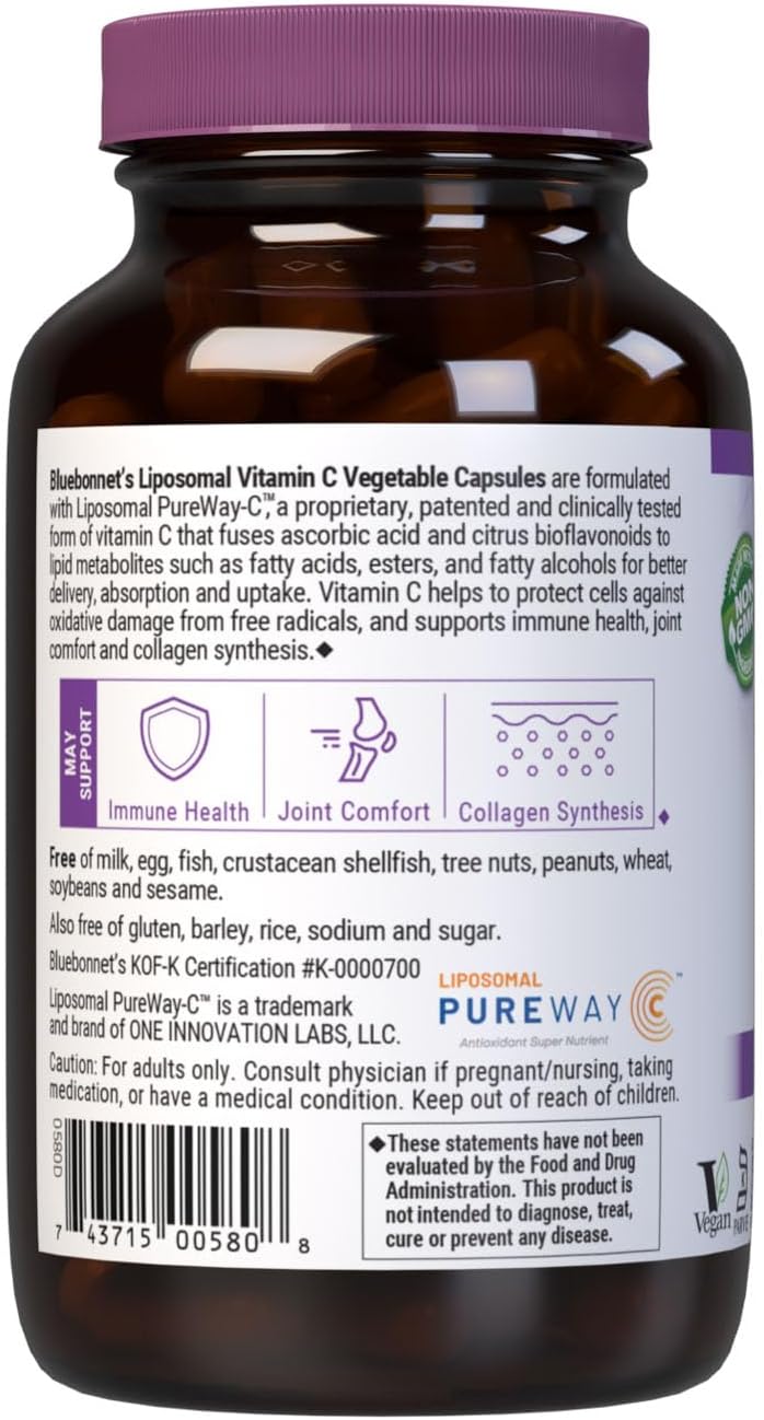 BlueBonnet Nutrition Liposomal Vitamin C 1000 mg, Made with Sunflower Oil, Immune & Joint Support, Vegan, Kosher, Non-GMO, Gluten-Free, Soya-Free, Milk-Free, 90 Vegetable Capsules, 45 Servings - görsel 3