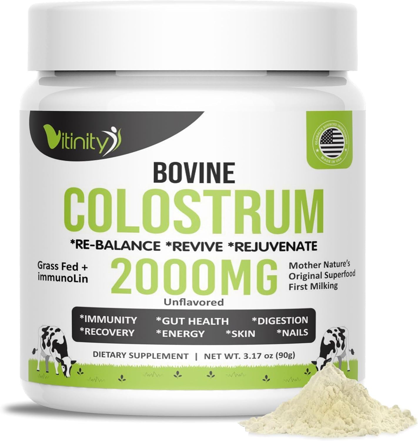 VITINITY Grass Fed Bovine Colostrum Powder – Natural IgG Supplement for Gut Health, Immune Support & Muscle Recovery | Pure Colostrum Superfood, Unflavoured (90g) - görsel 1