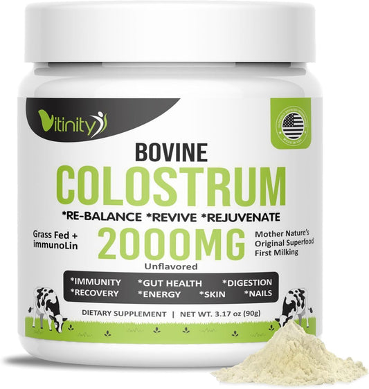 VITINITY Grass Fed Bovine Colostrum Powder – Natural IgG Supplement for Gut Health, Immune Support & Muscle Recovery | Pure Colostrum Superfood, Unflavoured (90g)