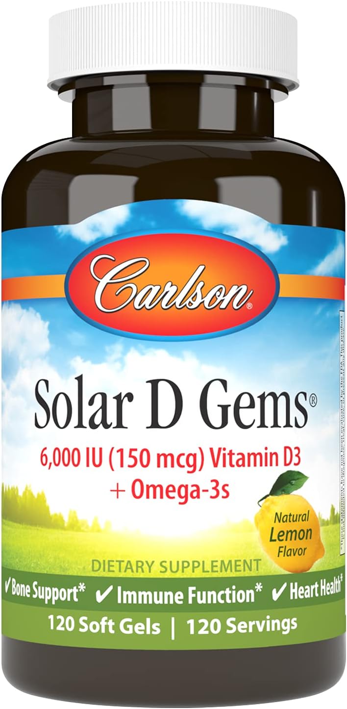 Carlson Solar D Gems - Vitamin D3 and Omega-3 Supplement, 6000 IU (150 mcg) D3, 115 mg Omega-3s, Wild Caught, Lemon, 120 Softgels - görsel 1