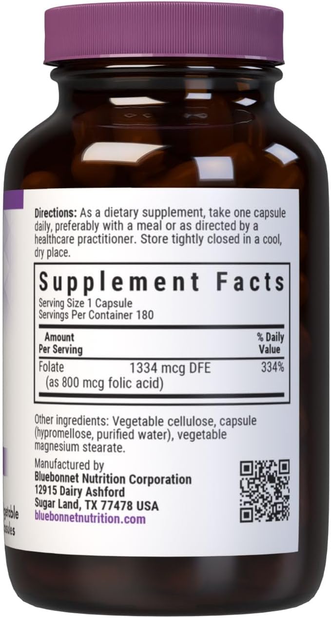 Bluebonnet Nutrition Folic Acid 800mcg, Vegan, Non-GMO, 180 Capsules - görsel 2