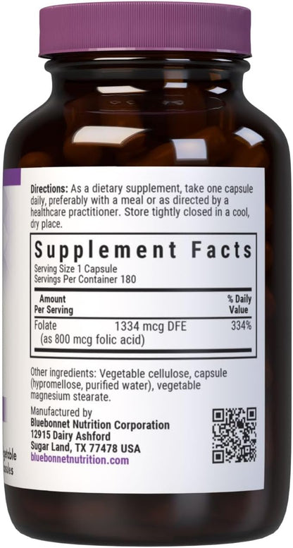 Bluebonnet Nutrition Folic Acid 800mcg, Vegan, Non-GMO, 180 Capsules