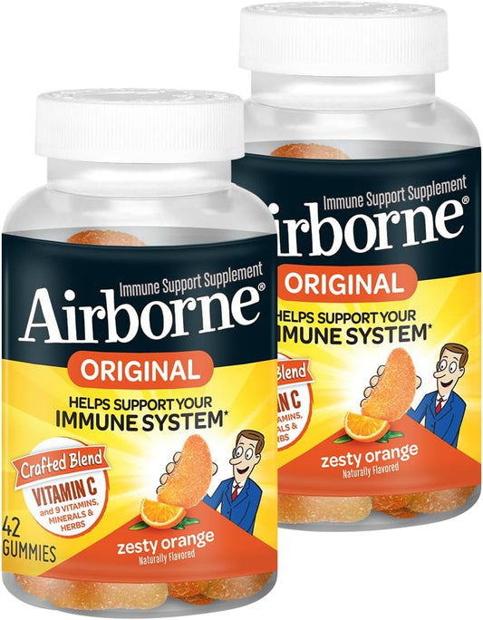 Airborne 750mg Vitamin C Gummies for Adults, Immune Support Supplement with Vitamins C & E, Zesty Orange Flavour (2 Pack)