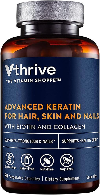 Advanced Keratin for Hair, Skin and Nails with Biotin and Collagen (90 Vegetable Capsules)