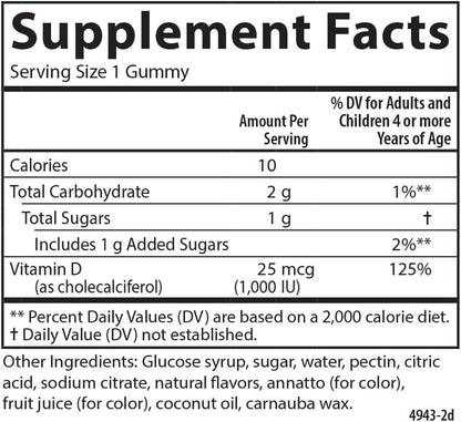 Carlson Kid's Vitamin D3 Gummies, 1000 IU (25 µg), Natural Fruit Flavours, 60 Vegetarian Gummies