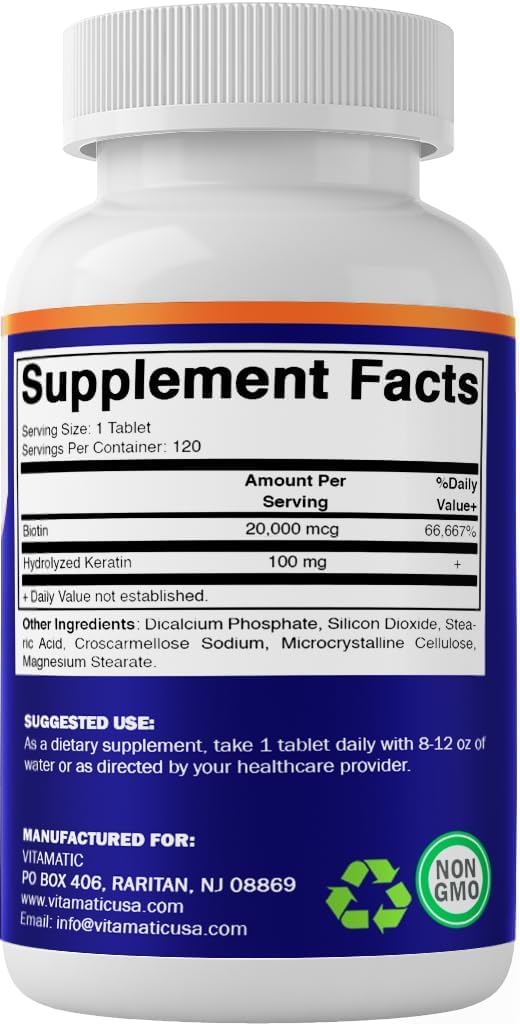 Vitamatic High Potency Biotin 20000 mcg (20 mg) with Keratin 100mg - 120 Tablets - görsel 8