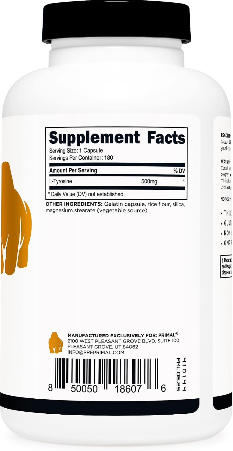 Primal L-Tyrosine Capsules (180 Capsules, 500 mg per Serving) – Tyrosine Amino Acid Supplement - görsel 4